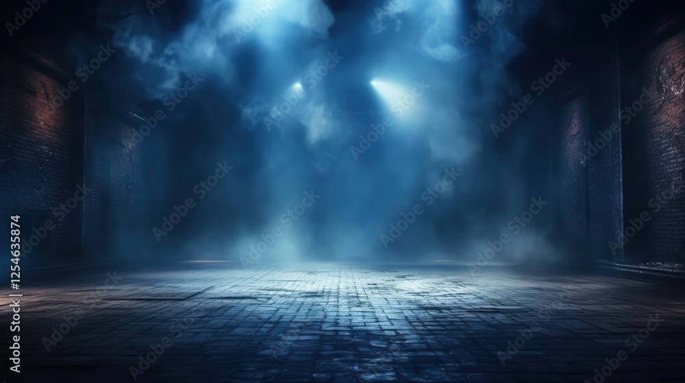 Poster mysterious dark empty street scene with atmospheric fog and spotlights casting eerie shadows for dra