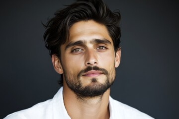 Obraz premium Handsome man poses against a dark background, showcasing a confident and thoughtful expression in a casual outfit