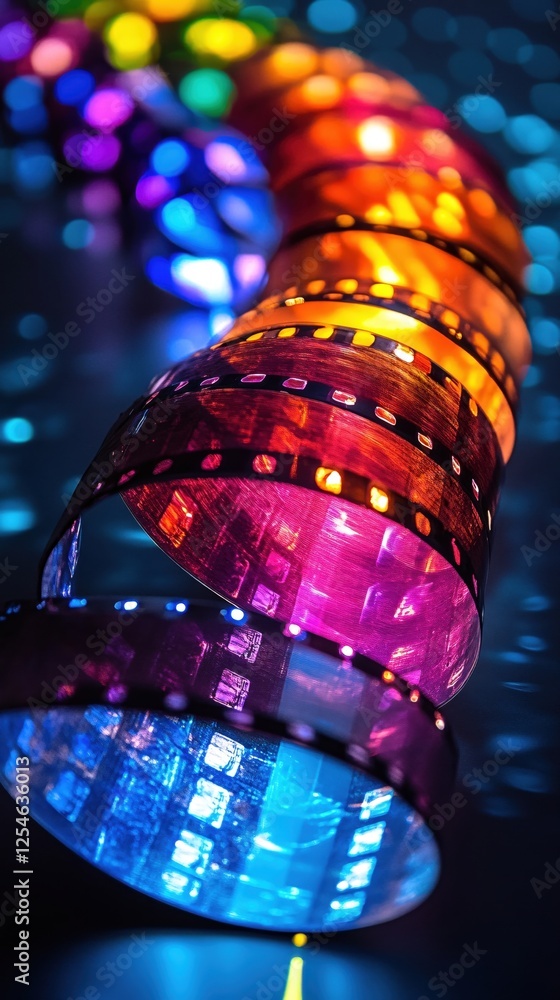 Poster colorful film strip illuminated with vibrant light creating a dynamic and artistic abstract view