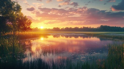 Obraz premium Serene lake reflecting a vibrant sunset with trees and tall grass in a tranquil landscape
