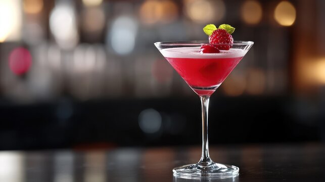 Raspberry cocktail in martini glass on bar.