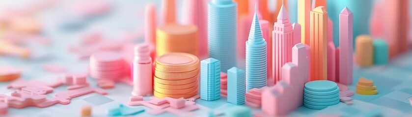 A colorful city skyline made of pastel building blocks, featuring various structures amidst a playful backdrop.