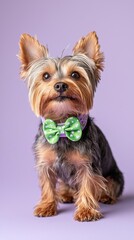 Adorable Yorkshire Terrier Puppy with Green Bow Tie on Lavender Background