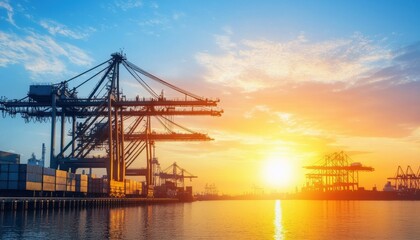 Obraz premium A serene sunset over a bustling port, featuring towering cranes silhouetted against vibrant sky colors reflecting on the water.