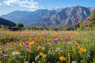 Fototapeta premium Colorful wildflower meadow with vibrant blooms against majestic mountain backdrop under a clear blue sky
