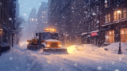Obraz premium Urban winter storm with a snow plow working on a city street under heavy snowfall digital