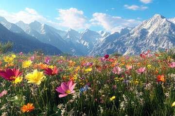 Fototapeta premium Colorful wildflower meadow with vibrant blooms against majestic mountain backdrop under a clear blue sky