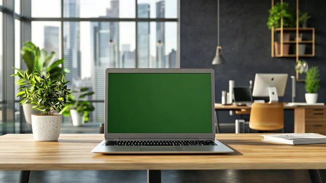 Laptop with green screen mock up on office table. Computer with chroma key template. Display close up. Business mockup empty blank space. Modern gadget in horizontal position.