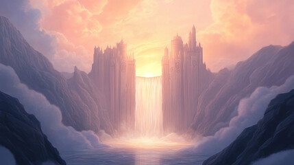 Sunrise over a Majestic Fantasy Castle with Waterfall