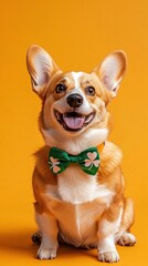 Happy Pembroke Welsh Corgi Dog Wearing Shamrock Bow Tie on Orange Background