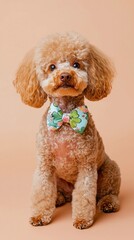 Adorable Apricot Toy Poodle Puppy Wearing a Floral Bow Tie Studio Shot