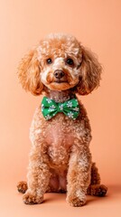 Adorable Toy Poodle Puppy Wearing Green Bow Tie Studio Shot Pet Portrait