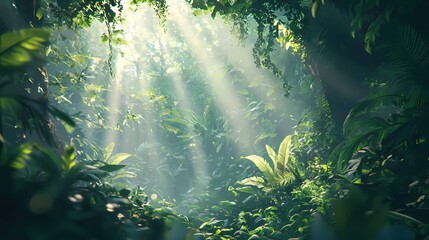 Obraz premium Sunlight streaming through lush green foliage creating a serene and mystical jungle atmosphere