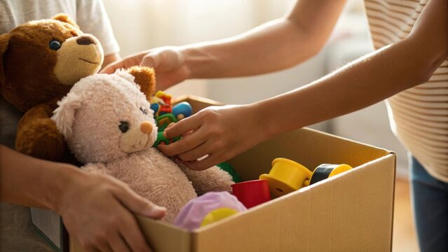 Sustainability Home Parenting. Eco-friendly Lifestyle Concept A parent organizes toys for donation, showcasing eco-friendly practices in sustainability and home life.