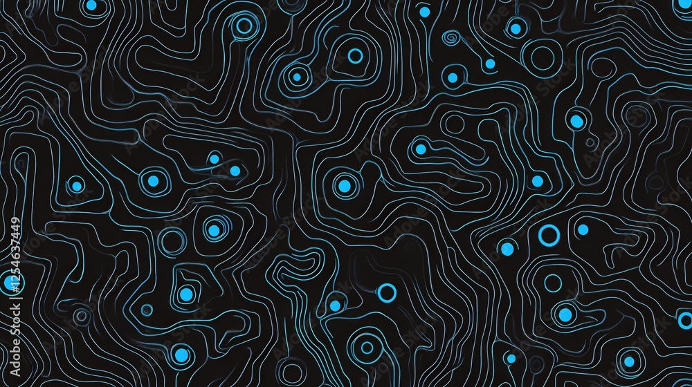 Poster abstract topographic map with blue contour lines and circles on a dark background design