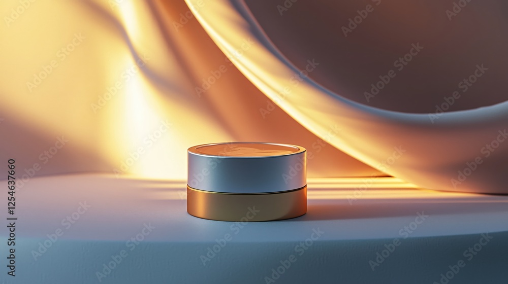 Poster elegant product display with golden container on platform and soft fabric backdrop design