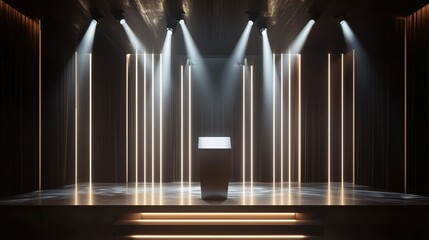 Obraz premium Illuminated Stage with Podium and Spotlights Creating a Dramatic and Modern Presentation Space