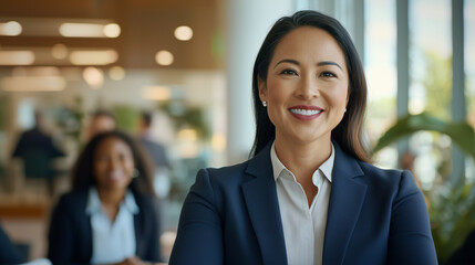 A portrait of a confident businesswoman in the lobby of an office, leading a collaborative meeting with her team. She stands at the center of the discussion, smiling and engaging w