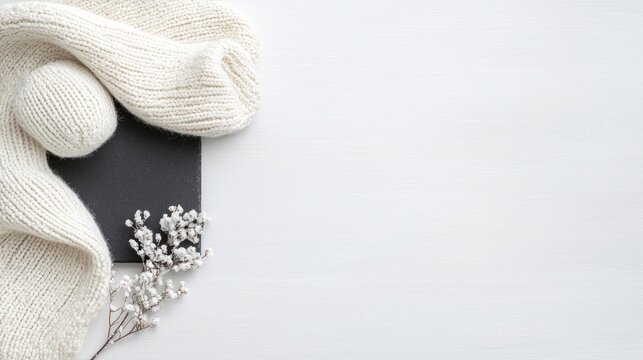 Knitted Sweater, Black Slate, Small Branches, Minimalist Background, Flatlay Composition, White Wooden Surface, Ideal for Fashion, or Home Decor