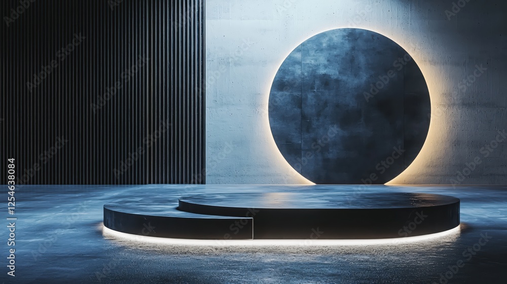 Aufkleber modern illuminated platform against textured wall with circle light in a minimalist style