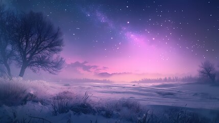 Naklejka premium Winter night landscape with starry sky and snow covered field serene and magical scene
