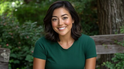 Naklejka premium Smiling woman sitting outdoors in natural surroundings during daytime looking cheerful and approachable