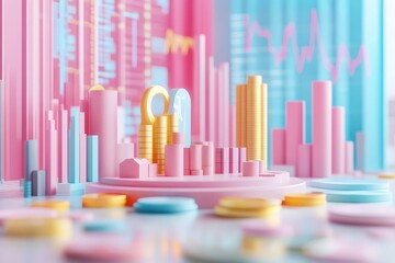 A vibrant, modern 3D scene depicting colorful charts and graphs, representing financial growth and data analysis in a playful, artistic style.