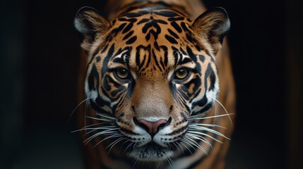 Fototapeta premium Close up portrait of a wild cat, dark background, focused on the face, showcasing detailed patterns and textures, intense eyes, wildlife, nature