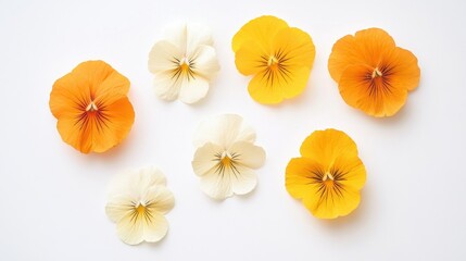 Vibrant orange and yellow pansies on white background