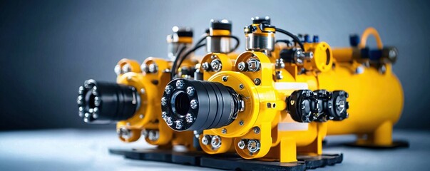 Close up of bright yellow industrial machinery showcasing intricate details and robust construction