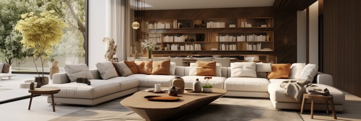 Naklejka premium Modern Luxury Living Room Interior Design with Stylish Furniture and Natural Light in an Elegant Home Setting