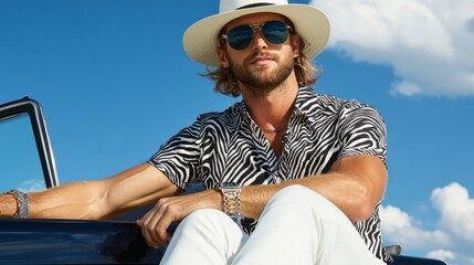 Fototapeta premium Stylish man poses confidently in a trendy outfit under a sunny sky by a classic car