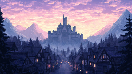 Fototapeta premium Enchanted Mountain Village with Majestic Castle