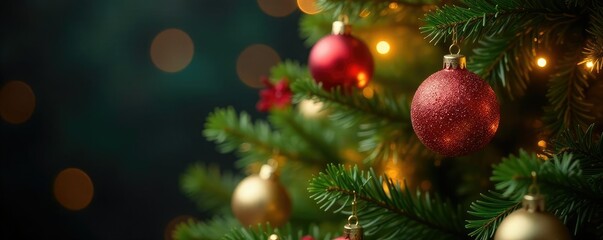 Glittering balls nestled among lush greenery of a golden sparkle Christmas tree, balls, foliage, glittering