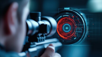 Fototapeta premium Man with camera and red light, capturing moments in vivid illumination