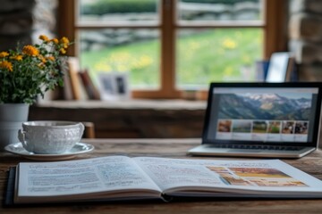 A photo book filled with cherished memories of the couple’s journey. The book is full of pictures and little notes, Generative AI