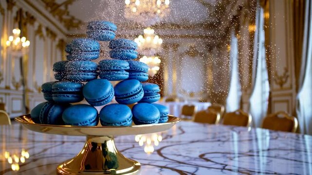 Blue macarons stacked in a pyramid formation on a gold dessert stand in an elegant dining hall with chandeliers and marble decor.

