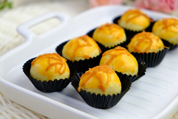 Popular cookies in Malaysia during celebration of Eid Mubarak (Hari Raya) on white isolated background called pineapple tart