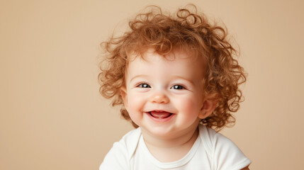 Naklejka premium Adorable Baby Girl with Fluffy Hair Smiling Brightly A cute baby girl with fluffy, curly hair sits comfortably, her bright smile lighting up the room. Her soft, round cheeks and tw
