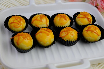 Popular cookies in Malaysia during celebration of Eid Mubarak (Hari Raya) on white isolated background called pineapple tart