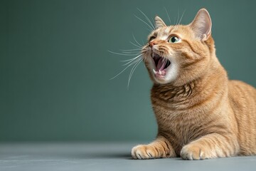 Obraz premium Curious orange cat vocalizes in a playful manner against a muted backdrop during a sunny afternoon indoors