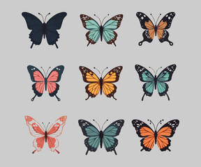 Butterflies color silhouette set
