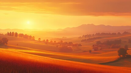 Fototapeta premium Golden Tuscan Landscape at Sunset with Rolling Hills and Farmhouses in Warm Light