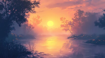 Serene sunset over tranquil lake reflecting golden light through trees in peaceful nature scene