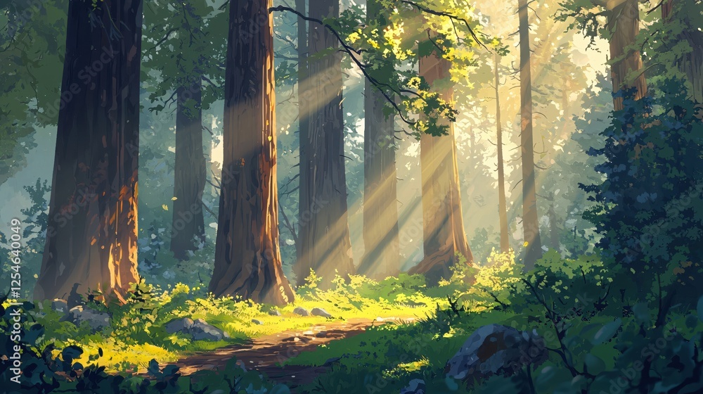 Poster sunlight streaming through verdant forest trees creating a serene and enchanting atmosphere