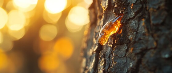 Golden resin gleams like liquid amber against a sunlit tree bark, evoking warm memories and nature’s artistry.
