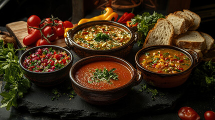 Delicious variety of colorful soups served in rustic bowls, surrounded by fresh vegetables and bread, creating warm and inviting atmosphere