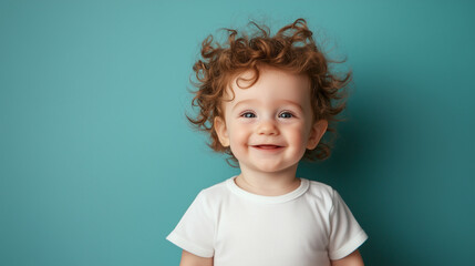 Naklejka premium Charming Baby Boy with Fluffy Hair and Innocent Smile A charming baby boy with fluffy hair smiles softly, his innocent expression making him look even more adorable. The soft curls