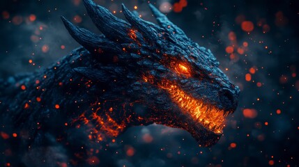 Fierce mythical beast head, dark blue and charcoal grey scales, fiery orange mouth and eyes, smoke and sparks surround it, dramatic lighting, 3d