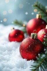 Glittering red and gold baubles on a snowy white background, festive decor, winter wonderland scene, holiday cheer